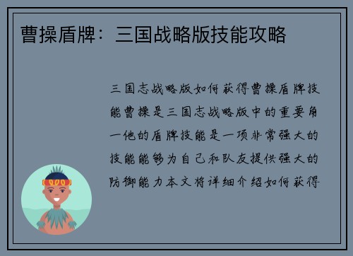 曹操盾牌：三国战略版技能攻略