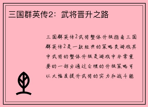 三国群英传2：武将晋升之路