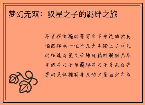 梦幻无双：驭星之子的羁绊之旅